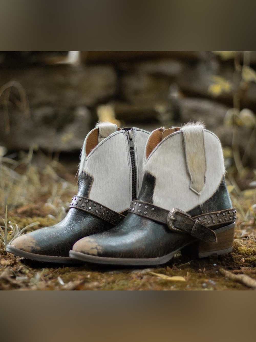 Women's Two-Tone Western Ankle Booties with Studded Strap
